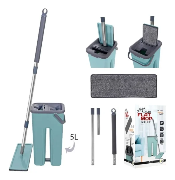 Esfregão Flat Mop IZECLEAN com Balde de 5 Litros e Microfibra de Alta Absorção e Refil Grátis IZESHOP