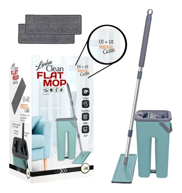 Esfregão Flat Mop IZECLEAN com Balde de 5 Litros e Microfibra de Alta Absorção e Refil Grátis IZESHOP