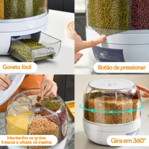 Dispenser Giratório 6 Compartimentos para Grãos e Cereais Transparente Conservação IZECO FRESH