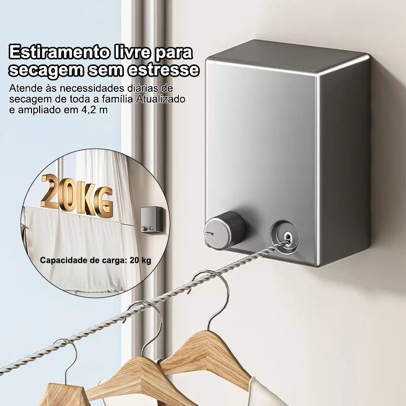 Varal Retrátil Parede Aço Inox 4,2m Suporta 20kg IZEQUICK DRY IZESHOP