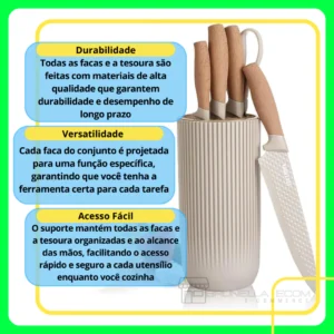 Jogo de Facas Inox Vintage 6 Peças Suporte Elegante Cabo Amadeirado IZECLASSIC CHEF