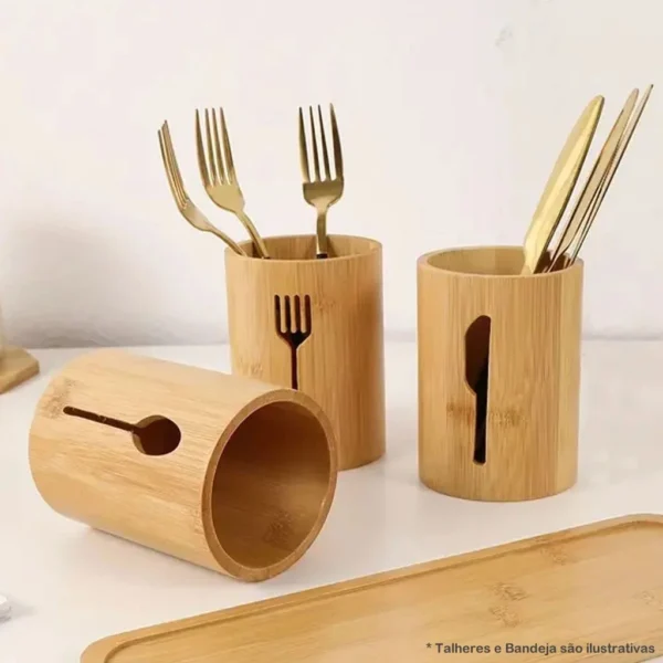 Porta Talheres Bambu 100% Natural Kit 3 Unidades Resistente IZEORGANIZE TOUCH