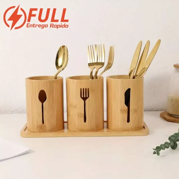 Porta Talheres Bambu 100% Natural Kit 3 Unidades Resistente IZEORGANIZE TOUCH