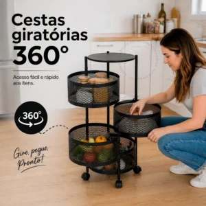 Fruteira Organizador de Ferro 3 Andares Preta com Rodas Clink IZEORGANIZE BLACK