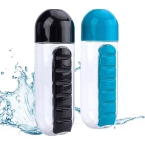 Garrafa Academia 650ml com Porta Comprimidos, Compartimentos Semanais e Material Resistente IZEBOTTLE CARE