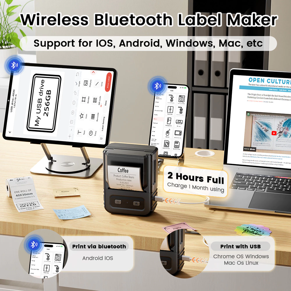 Impressora de Etiquetas Portátil Bluetooth 20-50mm Sem Tinta IZEPRINT PRO
