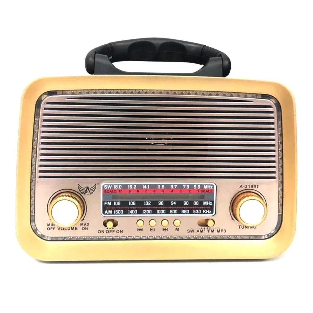 Rádio Vintage Bluetooth Retro Altomex em uso com bateria recarregável e alça de transporte