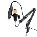Kit Microfone Condensador Profissional Dourado 3,5mm Unidirecional Pop Filter IZEVOICE PRO