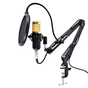 Kit Microfone Condensador Profissional Dourado 3,5mm Unidirecional Pop Filter IZEVOICE PRO