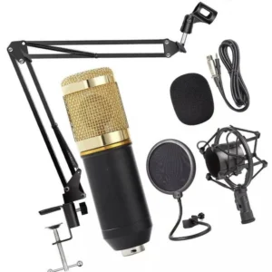 Kit Microfone Condensador Profissional Dourado 3,5mm Unidirecional Pop Filter IZEVOICE PRO