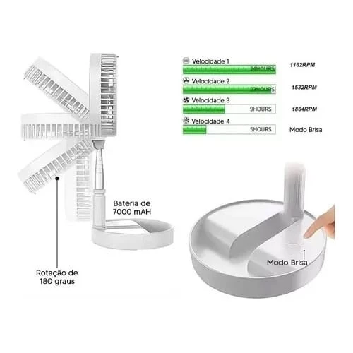 Ventilador Portátil Dobrável Silencioso com Bateria 7200mAh e 4 Velocidades IZEBREEZE FLEX