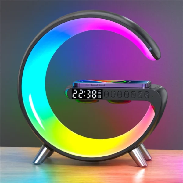 Caixinha de Som Bluetooth com Luminária Inteligente, Carregador Sem Fio 15W, RGB Multicor IZEWAKE PLUS