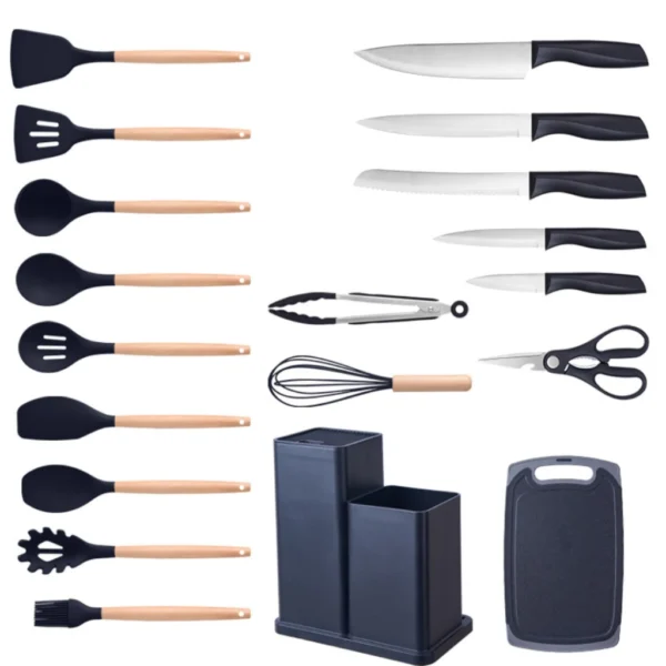 Kit Utensílios de Cozinha Silicone e Bambu 19 Peças Antiaderente Resistente ao Calor IZECOOK PRO