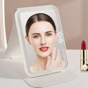 Espelho de Maquiagem LED Portátil Recarregável, Sensor Touch, Capa de Couro IZEGLAM LIGHT