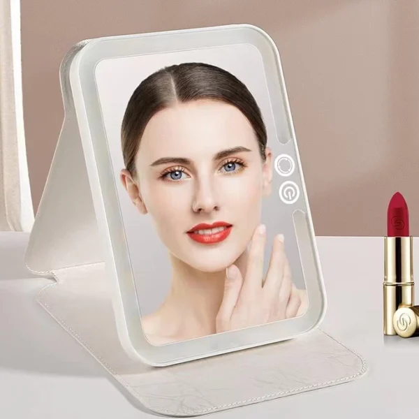 Espelho de Maquiagem LED Portátil Recarregável, Sensor Touch, Capa de Couro IZEGLAM LIGHT