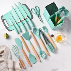 Kit Utensílios de Cozinha Silicone e Bambu 19 Peças Antiaderente Resistente ao Calor IZECOOK PRO