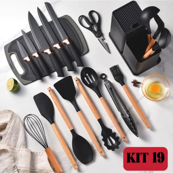 Kit Utensílios de Cozinha Silicone e Bambu 19 Peças Antiaderente Resistente ao Calor IZECOOK PRO