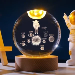 Luminária LED Bola de Cristal Sistema Solar para Quarto Infantil Base Madeira IZEUNIVERSE LIGHT