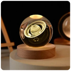 Luminária LED Bola de Cristal Sistema Solar para Quarto Infantil Base Madeira IZEUNIVERSE LIGHT