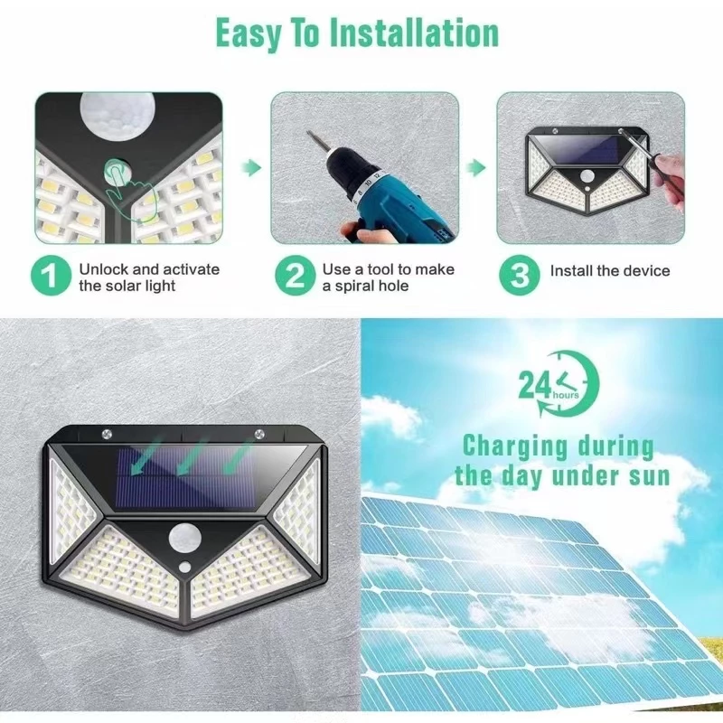 Refletor solar com bateria recarregável e painel solar monocristalino