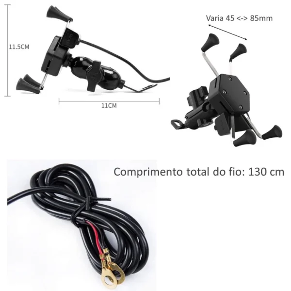 Suporte Universal Para Celular e GPS Moto, Carregador USB, Fixação Retrovisor, Compatível 3.5'' a 6'' IZEGRIP CHARGE
