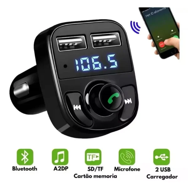 Adaptador Bluetooth FM para Carro Viva Voz, Carregador Veicular Sem Fio, Compatível Android e IOS IZEWIRE CONNECT