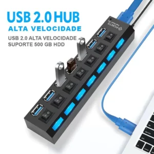 Hub USB 2.0 7 Portas LED Alta Velocidade Botão IZEHUB PRO CONNECT