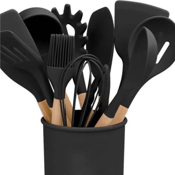 Kit Utensílios de Cozinha Silicone 12 Peças Cabo Madeira Suporta 230°C IZECOOK MASTER