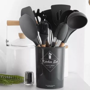 Kit Utensílios de Cozinha Silicone 12 Peças Cabo Madeira Suporta 230°C IZECOOK MASTER