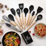 Kit Utensílios de Cozinha Silicone 12 Peças Cabo Madeira Suporta 230°C IZECOOK MASTER