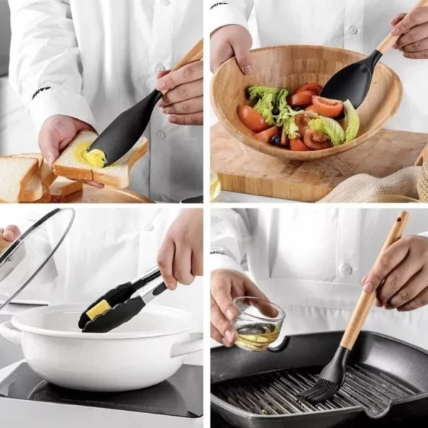 Kit Utensílios de Cozinha Silicone 12 Peças Cabo Madeira Suporta 230°C IZECOOK MASTER