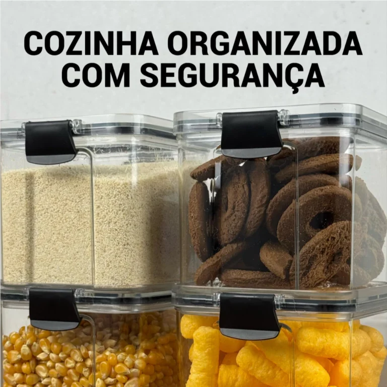 Kit 5 Potes Herméticos – Mantimentos de Cozinha para Dispensa e Armário IZESTORE FRESH IZESHOP Potes herméticos empilhados em armário de cozinha organizado