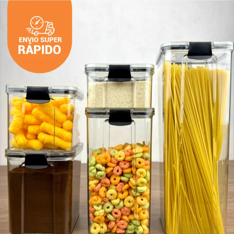 Kit 5 Potes Herméticos – Mantimentos de Cozinha para Dispensa e Armário IZESTORE FRESH IZESHOP Potes herméticos transparentes mostrando grãos e cereais