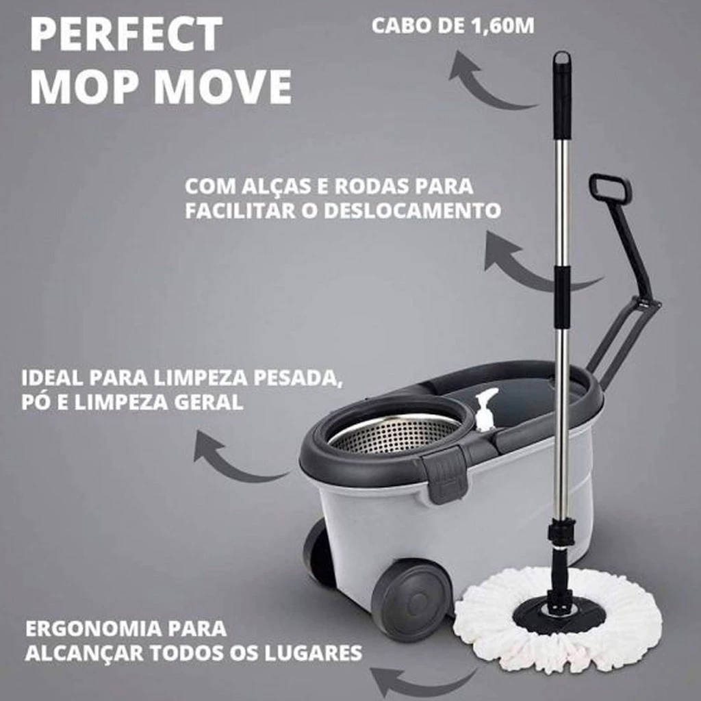 Esfregão Mop Giratório 360º Inox Balde 16L Rodas Refil IZEPOWER CLEAN