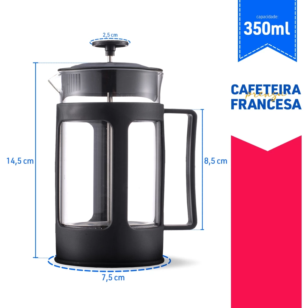 Cafeteira Francesa 350ml Vidro Preta Preparo Cappuccino IZEFOAM PRO