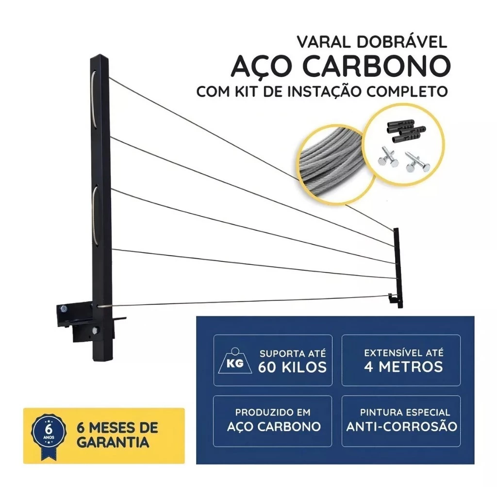 Varal de Parede Retrátil Dobrável Aço 20m Compacto IZEORGANIZE PRO