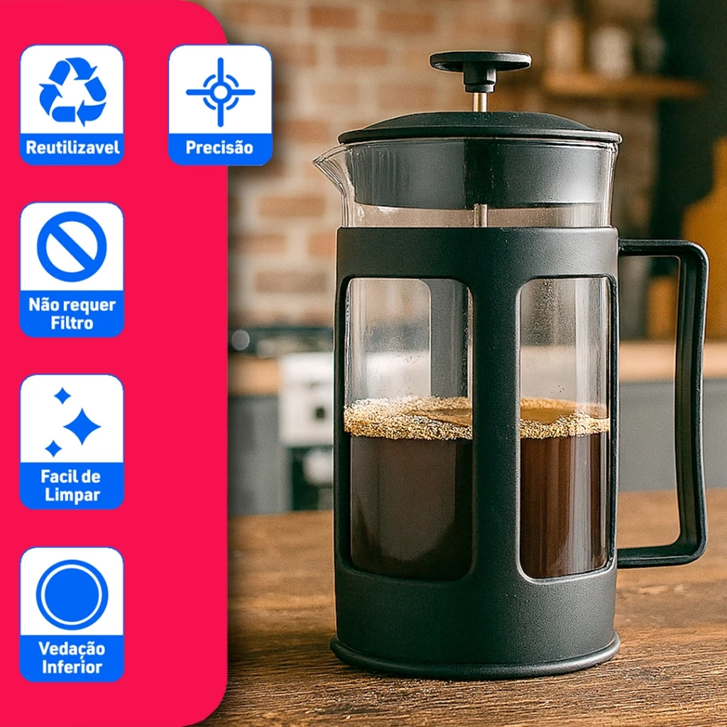 Cafeteira Francesa 350ml Vidro Preta Preparo Cappuccino IZEFOAM PRO