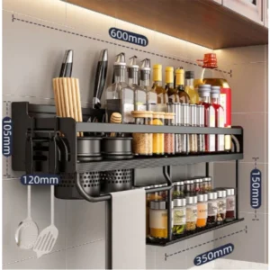 Prateleira Organizadora Multiuso Alumínio Preta 60cm com Suporte para Facas e Utensílios IZEORGANIZE PRO Prateleira Organizadora Multiuso Alumínio Preta 60cm com Suporte para Facas e Utensílios IZEORGANIZE PRO