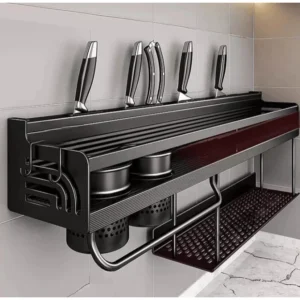 Prateleira Organizadora Multiuso Alumínio Preta 60cm com Suporte para Facas e Utensílios IZEORGANIZE PRO