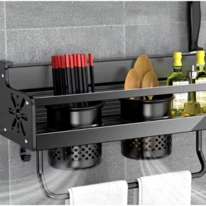 Prateleira Organizadora Multiuso Alumínio Preta 60cm com Suporte para Facas e Utensílios IZEORGANIZE PRO Prateleira Organizadora Multiuso Alumínio Preta 60cm com Suporte para Facas e Utensílios IZEORGANIZE PRO