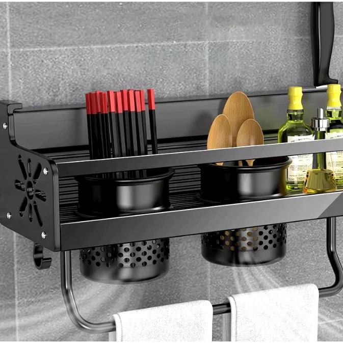 Prateleira Organizadora Multiuso Alumínio Preta 60cm com Suporte para Facas e Utensílios IZEORGANIZE PRO IZESHOP Detalhe