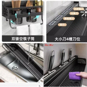 Prateleira Organizadora Multiuso Alumínio Preta 60cm com Suporte para Facas e Utensílios IZEORGANIZE PRO Prateleira Organizadora Multiuso Alumínio Preta 60cm com Suporte para Facas e Utensílios IZEORGANIZE PRO