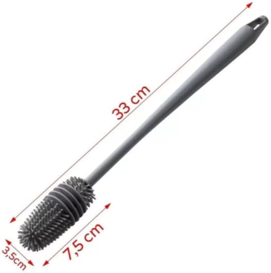 Escova de Silicone para Garrafas, Mamadeiras e Copos Cabo Longo Cinza Premium IZELEAN PRO IZESHOP Escova com cerdas de silicone macio que não arranha garrafas copos e taças