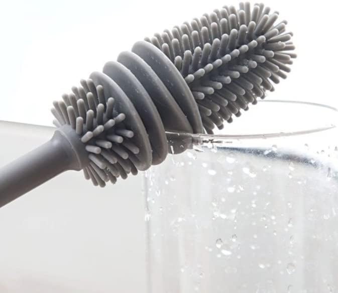 Escova de Silicone para Garrafas, Mamadeiras e Copos Cabo Longo Cinza Premium IZELEAN PRO IZESHOP Escova anatômica para lavar copos mamadeiras jarras e recipientes de vidro