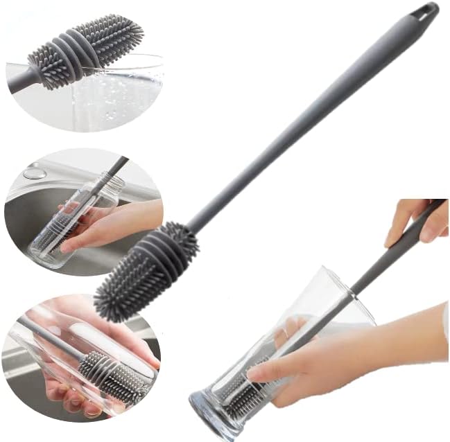 Escova de Silicone para Garrafas, Mamadeiras e Copos Cabo Longo Cinza Premium IZELEAN PRO IZESHOP Escova em silicone para limpar garrafas, jarras e mamadeiras com cabo longo e anatômico