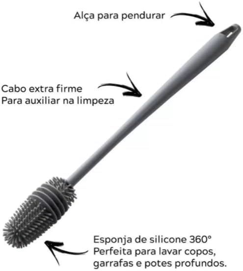 Escova de Silicone para Garrafas, Mamadeiras e Copos Cabo Longo Cinza Premium IZELEAN PRO IZESHOP Escova de silicone para limpeza interna de garrafas e recipientes alongados