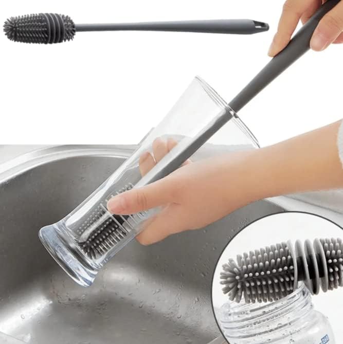 Escova de Silicone para Garrafas, Mamadeiras e Copos Cabo Longo Cinza Premium IZELEAN PRO IZESHOP Escova em silicone fácil de lavar e conservar com alça para pendurar