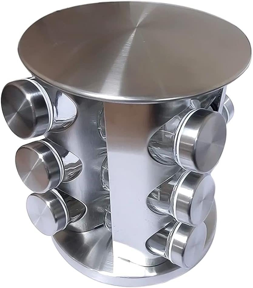 Porta Condimentos Giratório 12 Potes Vidro Inox Aço Escovado Premium IZEFLAVOR PRO