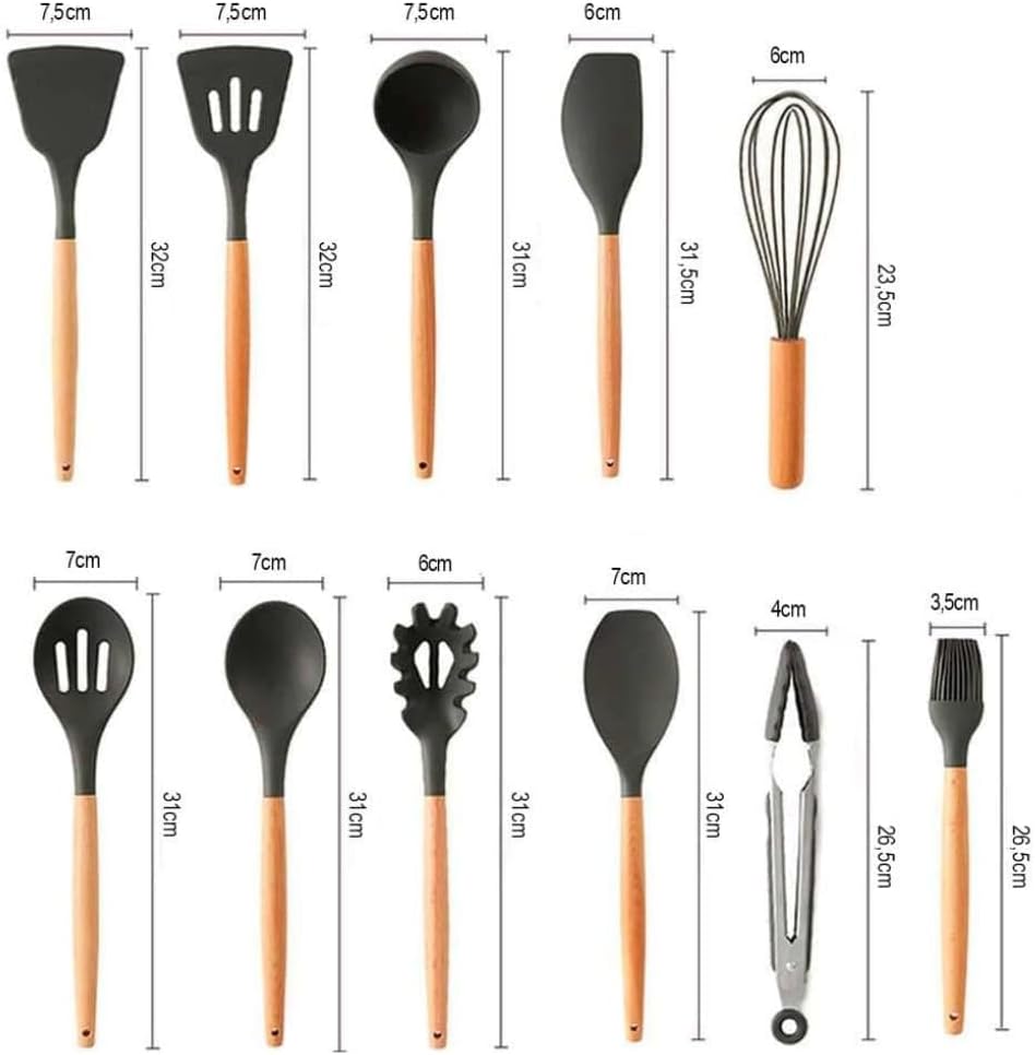 Kit Utensílios Cozinha 12 Peças Silicone Preto Cabo Madeira Premium Anticalor IZECOOK PRO IZESHOP Kit 12 peças de utensílios de cozinha premium preto com cabo de madeira ergonômico