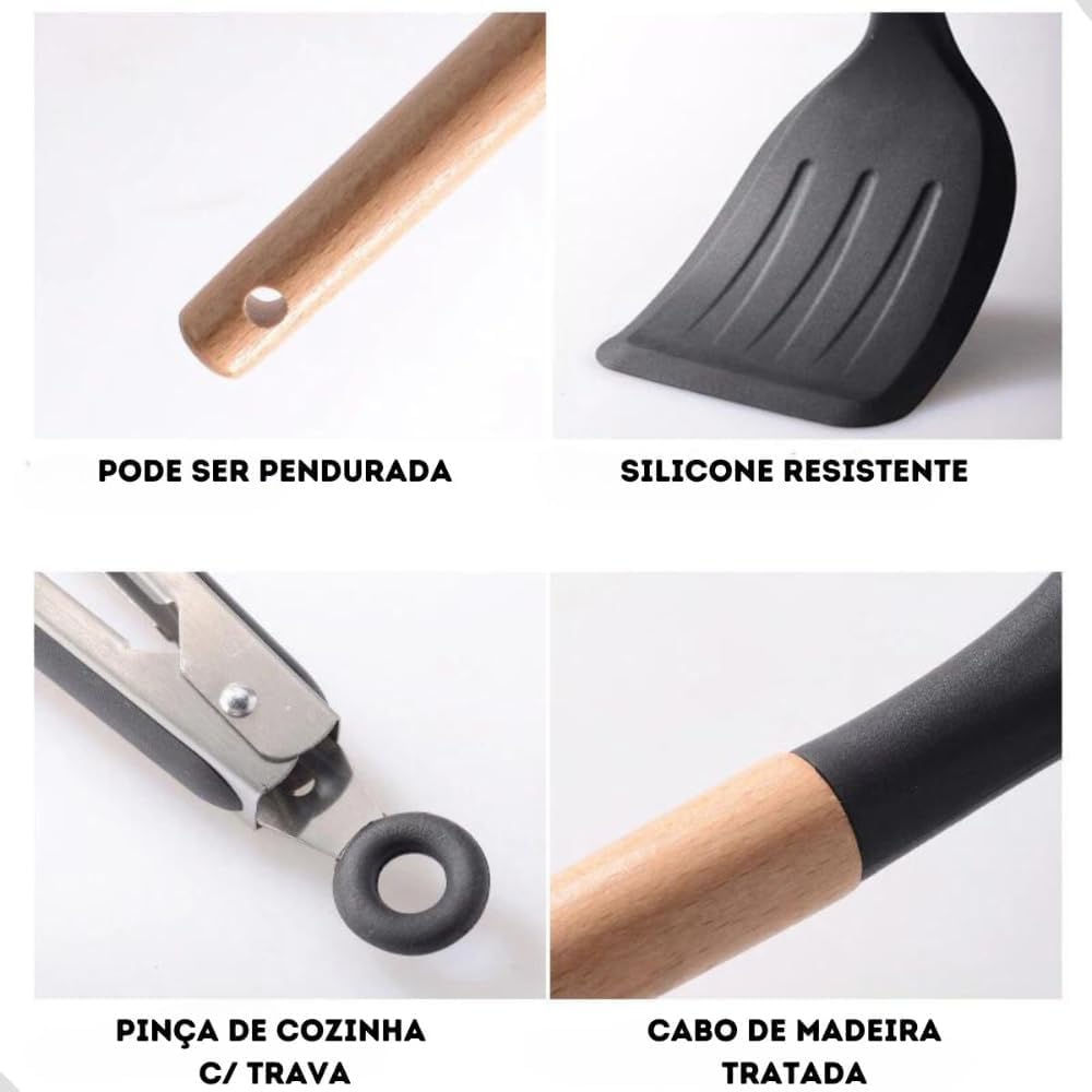Kit Utensílios Cozinha 12 Peças Silicone Preto Cabo Madeira Premium Anticalor IZECOOK PRO IZESHOP Conjunto de utensílios para cozinha resistente ao calor em silicone preto com design premium